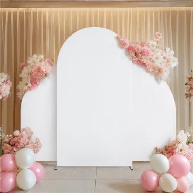 Imagem de Kitegrese Capa de arco de casamento elastano com suporte de arco, topo redondo Chiara e arco de meia lua conjunto de 3, para decoração de banquete de cerimônia de festa de aniversário (branco)