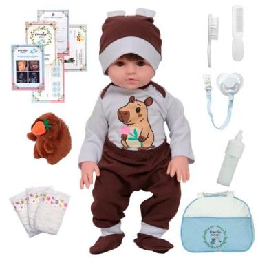 Imagem de Boneco Reborn Bebê Roupinha de Capivara Com Bolsa Acessórios - Cegonha