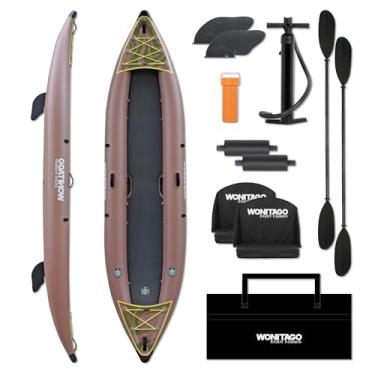 Imagem de WONITAGO Caiaque inflável de PVC com piso de ponto de gota, caiaque de turismo recreativo com pá de caiaque, bomba de mão e bolsa de transporte, 2 pessoas, marrom