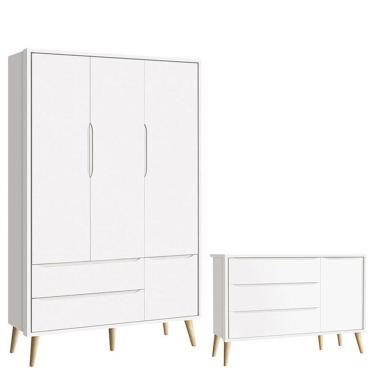 Imagem de Cômoda Infantil Com Porta E Guarda Roupa 3 Portas Theo Branco Acetinado Pés Madeira Natural ? Reller