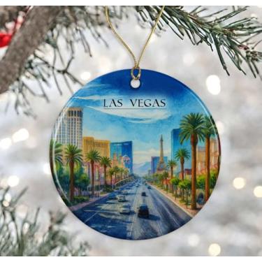 Imagem de Enfeite de aquarela de Las Vegas EUA - Lembrança de Natal de cerâmica - Aniversário de lua de mel - Lembrança de viagem - Presente de inauguração de casa - Presente para amantes de Las Vegas impresso