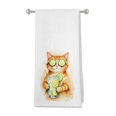 Imagem de OFJE Toalhas de cozinha engraçadas de gato laranja para coquetel, presentes de gato malhado laranja toalhas de chá para bar carrinho cozinha, presentes para amantes de coquetéis, toalha de mão