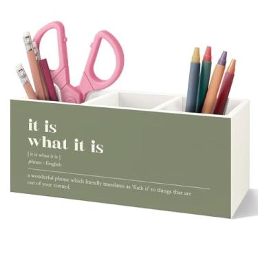 Imagem de VIIJJUE Porta-lápis de madeira engraçado para acessórios de mesa de escritório, presentes de trabalho engraçados para mulheres e homens, presentes de humor de escritório, é o que é de madeira, escova