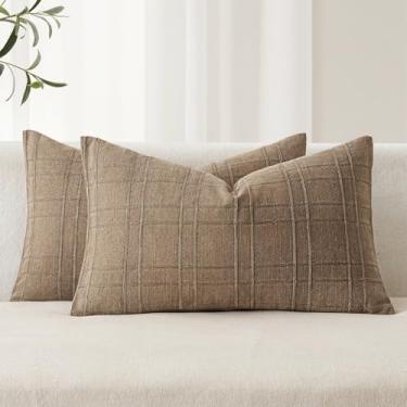 Imagem de MIULEE Capas de almofada decorativas de linho xadrez Lumar Neutro Farmhouse Vintage 30,5 x 50,8 cm Conjunto de 2 boho decoração de casa moderna para sofá sofá quarto almofada cadeira marrom claro