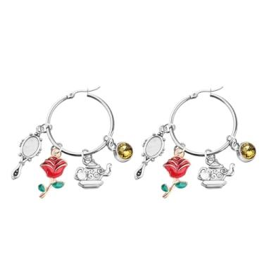 Imagem de FEELMEM Brincos de desenho animado de beleza, presente de bela, rosa, princesa, bela, flor rosa, brincos de argola para fãs de filmes, presentes para fãs de filmes, 1, Aço inoxidável, liga metálica, 1