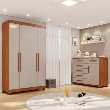 Imagem de Conjunto Quarto Infantil Guarda-Roupa 4 Portas e Cômoda 6 Gavetas Sofia Espresso Móveis Cinamomo / Off White