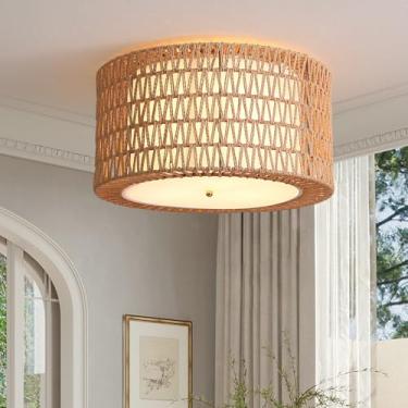 Imagem de 7PMBEANE Luminária de teto de montagem embutida de vime de 50 cm, luz de teto boho de 3 luzes, lustres de vime tecidos à mão, luminárias para pendurar no teto, para sala de jantar, quarto, ilha de