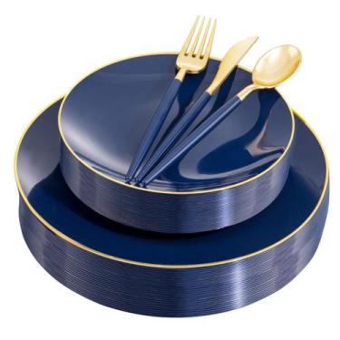 Imagem de Conjunto de pratos de plástico Liacere Blue com talheres dourados para