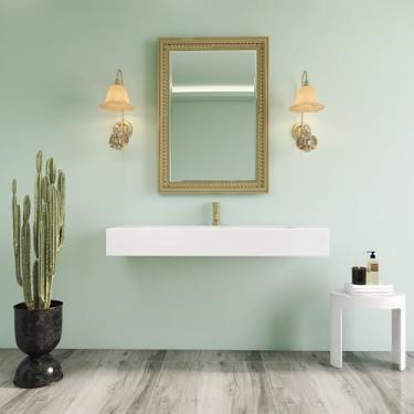 Imagem de HIGEINE Pia de banheiro premium para montagem na parede - pia de vaso de vaidade de superfície sólida de resina de pedra branca fosca, design contemporâneo pendurado na parede ou bancada, bacia