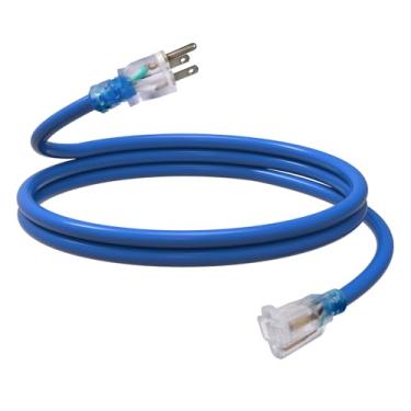 Imagem de EP - Cabo de extensão externo de 1,8 m com extremidade iluminada, cabo de extensão resistente SJTW calibre 12/3 com plugue de 3 pinos, 15AMP 1875W 12AWG, azul, listado pela UL