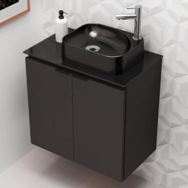 Imagem de Kit Gabinete Aço Banheiro Suspenso 62cm Preto C/Cuba Pia Apoio Tampo Vidro 2 Portas Beltempo