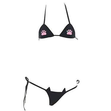 Imagem de SINGUYUN Conjunto de Sutiã E Calcinha Sexy Feminino, Traje de Micro Biquíni Anime, Lingerie Cosplay Kawaii, Fofo (220 Preto)