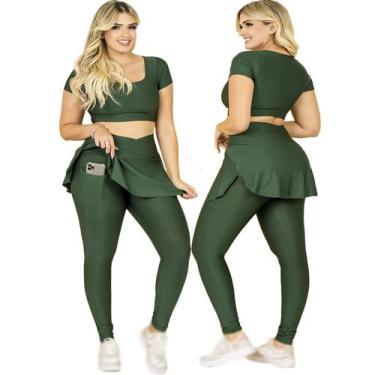 Imagem de Conjunto Fitness Calça Legging Saia Com Bolso E Top Cropped Treino Aca