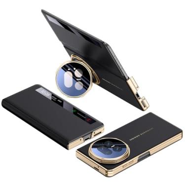 Imagem de FWYANZH Capa de couro para Honor Magic V5, Smart Clear View Window Flip Cover Camera Protection Stand Holder Fecho magnético luxuoso à prova de choque, preto, V5