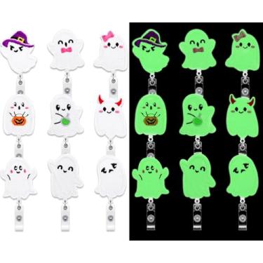 Imagem de JarThenaAMCS 9 peças de carretel de crachá de Halloween com clipes que brilham no escuro porta-crachá retrátil de identidade para escritório, hospital, enfermeira, professor, suprimentos