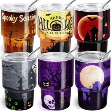 Imagem de Pacote com 6 copos de dose de 85 g de Halloween mini copos com canudo e tampa, abóbora, fantasma, caveiras, lápide, lembrancinhas de festa de Halloween, copo assustador, aço inoxidável, isolado a