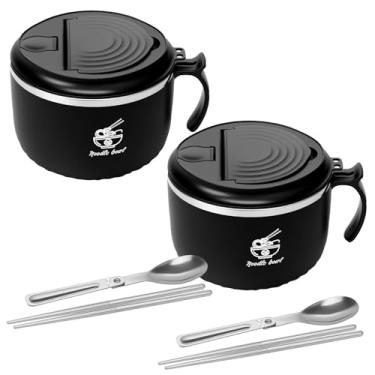 Imagem de Pacote com 2 tigelas para panela de ramen, tigela de macarrão instantâneo de aço inoxidável 1600 ml, lavável na lava-louças e portátil, conjunto de tigelas de ramen com pauzinhos e colher para