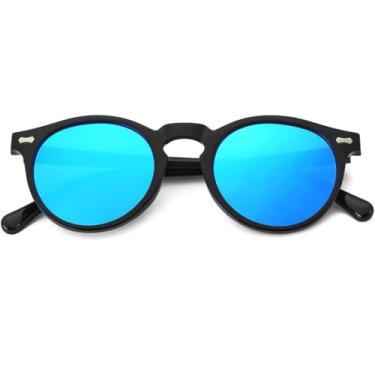 Imagem de Óculos de Sol Redondinho Estilo Vintage Unissex Lentes Polarizadas Acetato - Proteção UV 400 (Preto, Azul)