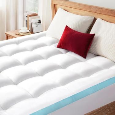 Imagem de STWIENER Capa de colchão Queen para alívio da dor nas costas, colchão extragrosso, bolsos profundos para 20 a 53 cm, protetor de colchão alternativo macio, listrado, azul