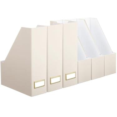 Imagem de Feifeiya Conjunto de 6 caixas de arquivo de papelão elegantes e resistentes, organizador de mesa, lindo suporte de revistas com suporte de etiqueta dourado para casa, escritório, mesa, sala de aula