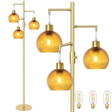 Imagem de Duoled Luminária de chão de vidro com sombra de vidro, lâmpadas de árvore laranja para sala de estar, lâmpada alta moderna regulável, 3 lâmpadas LED Edison de 600 LM incluídas