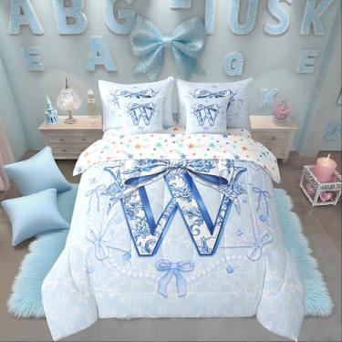 Imagem de Erosebridal Conjunto de cama Queen com laço floral azul 3D com inicial W de coquete e lençol com lençol para meninas adolescentes, princesas, preppy com laço, aquarela, estética, azul claro em uma