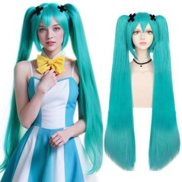 Imagem de Peruca ANOGOL Green Cosplay Teal Double Ponytail com boné e clipes