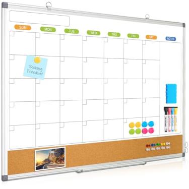 Imagem de Calendário apagável a seco quadro branco para parede, WALGLASS 91 cm x 61 cm, calendário mensal de dupla face, quadro branco, quadro branco, quadros de rolha montados na parede, moldura de alumínio