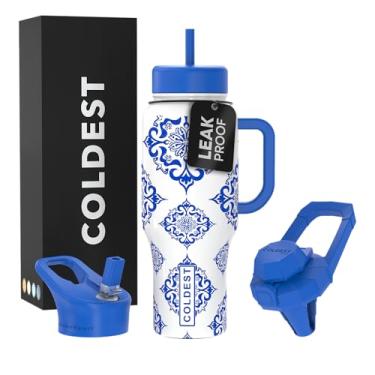 Imagem de Copo Coldest com alça e canudo - Copo isolado 100% à prova de vazamento com tampa e canudo (3 tampas) - Copos de aço inoxidável para mulheres e homens - Base compatível com porta-copos, 1,020 g (The
