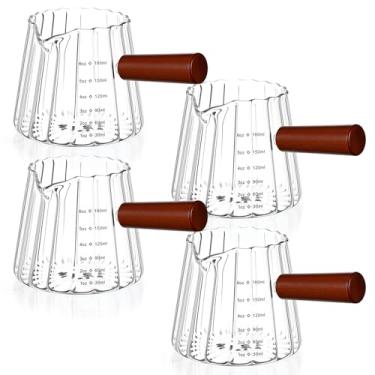 Imagem de 4 peças de copo de café expresso de 170 g/180 ml com cabo de madeira, acessórios para café expresso, copo medidor de espumador de leite com escala transparente resistente ao calor para café, leite e