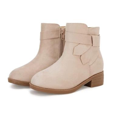 Imagem de Botas infantis para meninas com nó no tornozelo salto baixo grosso Chelsea, sapatos de inverno com zíper, Bege, 2 Little Kid