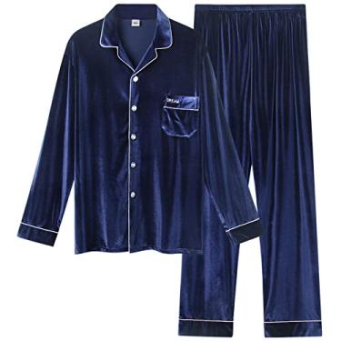 Imagem de ifgswopq Conjunto de pijama masculino de poliéster com botões, manga comprida, confortável, macio, casual, loungewear para homens (A5007 XX)