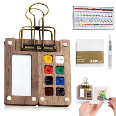Imagem de Kit de aquarela Tobio, mini conjunto de tinta aquarela Tobio, conjunto de viagem de aquarela com 12 bolsos coloridos, caixa de tinta de grade de madeira para pintores artistas estudantes (8 grades)