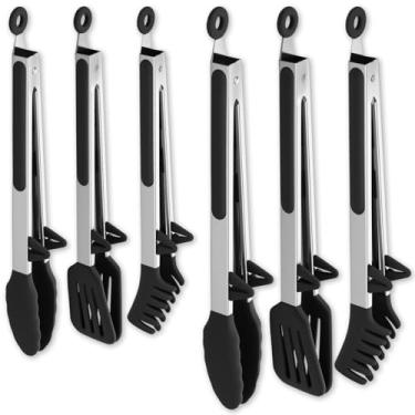 Imagem de KHZSPP Conjunto de 6 pinças de silicone para cozinhar, pinças de cozinha de aço inoxidável com pontas de silicone, utensílios para servir torta de bife, pizza, macarrão, espaguete, salada, buffet de