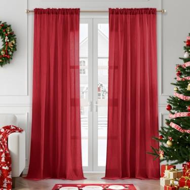 Imagem de Anpark Cortinas transparentes vermelhas de 246 cm de comprimento para quarto, sala de estar, algodão, linho, texturizado, filtro de luz, cortinas transparentes de privacidade, bolso de haste, cortinas