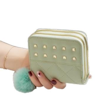 Imagem de Bolsa de cartão quadrada de couro PU macio carteira feminina clutch bola de pelúcia macia simples bolsa feminina longa bolsa externa (verde curta)