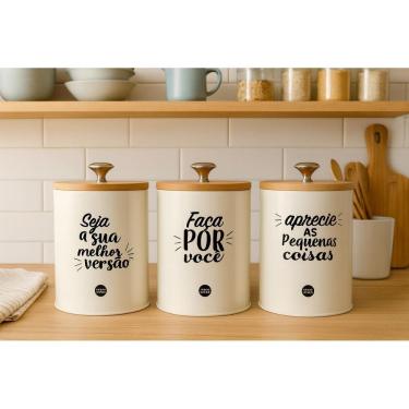 Imagem de Kit 3 Latas Herméticas Com Frases E Tampa De Bambu Kit Creme