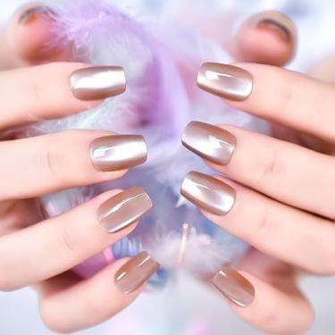 Imagem de Pregos de pressão de olho de gato 3D curtos, unhas falsas de gel macio, pregos de pressão marrom claro, unhas adesivas reutilizáveis para mulheres e meninas, kit de cola gelatinosa nas unhas, 30 peças