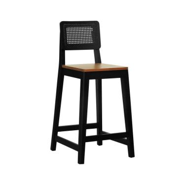 Imagem de Banqueta Gabi Madeira Maciça Encosto C- Telinha C- 68cm Altura - Preto Assento Madeira Amêndoa