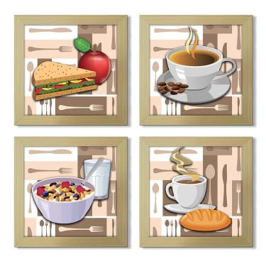 Imagem de Quadro Decorativo Cozinha Café Manhã Padaria 20X20Cm Kit 4Un Titulo Moldura Marfim Listrado
