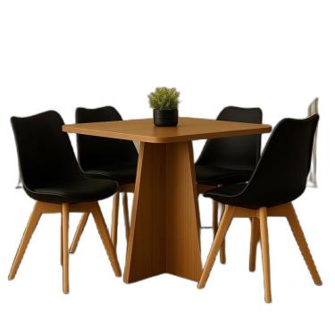Imagem de Conjunto Mesa De Jantar Quadrada 90cm Com 4 Cadeiras Pretas Pés De Madeira – Design Moderno E Sofisticado