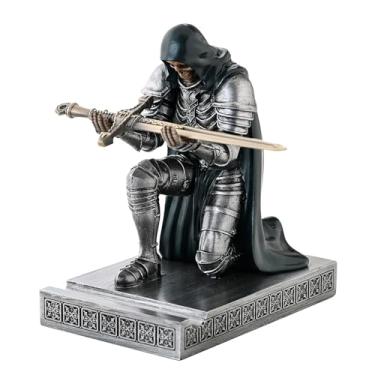 Imagem de HDMbigmi Suporte de caneta de guerreiro com armadura de caveira, suporte para celular com capa, suporte de caneta de resina, peso de papel, estátua de ornamento para escritório e casa (ferro e verde)