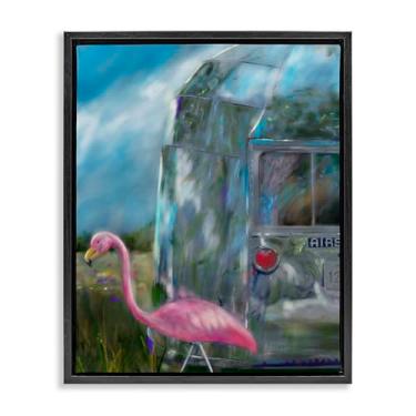 Imagem de Stupell Industries Arte de parede em tela flutuante com moldura dourada de flamingo Happy Camper, design de Mary Sparrow, 53 x 43 cm