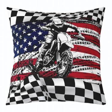 Imagem de jejeloiu Capas de almofada para meninos Dirt Bike 1 peça 45,7 cm x 45,7 cm, capa de almofada infantil corrida motocross piloto para meninas adolescentes decoração bandeira americana fronha macia