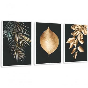 Imagem de Quadro Decorativo Folhagem Dourada Gold Luxo Com Moldura Branco