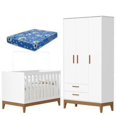 Imagem de Guarda Roupa Infantil 3 Portas Com Berço Americano Flip Branco Acetinado Com Colchão Ortobom- Reller