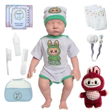 Imagem de Bebe Reborn Realista Dormindo 43cm Labubu Pelúcia Bolsa - Cegonha Rebo