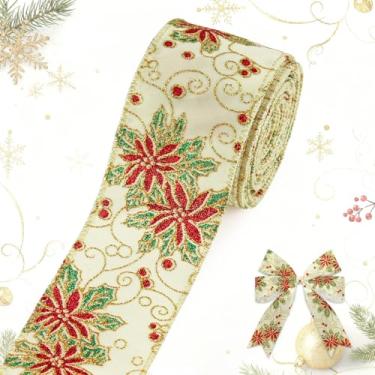 Imagem de LANGFON 1 rolo de fita de tecido de Natal para decoração de Natal bege árvore de azevinho dourado com borda de glitter fita decorativa com fio para festa de Natal de Ano Novo embrulho de presente