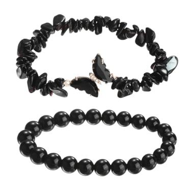 Imagem de PATIKIL Pulseiras de cristal para mulheres, 2 peças, pulseira de contas de ametista natural com pingente de borboleta elástica para presentes de amizade de casal, preto