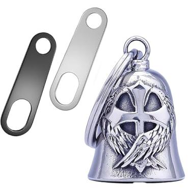 Imagem de Sndperiexam Sino guardião prateado para motocicletas com 2 cabides, pingente de sorte asas de anjo (Sino da sorte para pilotos)